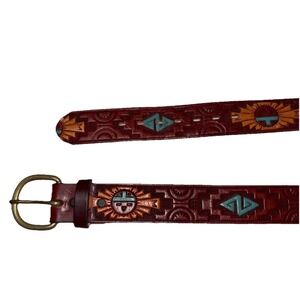 Vintage TOOLED Buckle Belt NATIVE AMERICAN Handcrafted 32 Cowhide Leather AZTEC